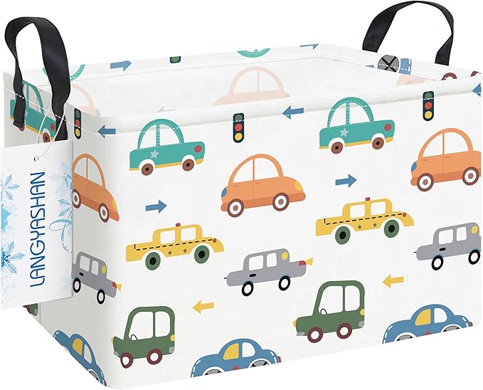LANGYASHAN Rectangular Storage Bin Collapse Canvas Fabric Cartoon Storage Basket with Handles for Organizing Home Kitchen Boys and Girls Toys Office Closet Shelf Baskets(Rec Color Cars)
