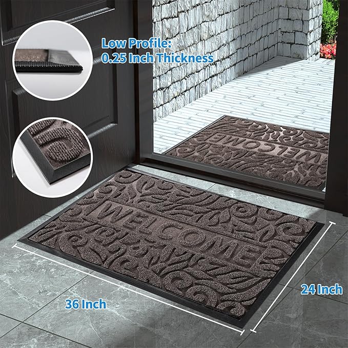 Yimobra Welcome Mat Outdoor, 36x24 Waterproof Door Mat Outside Entrance, All-Weather Non Slip Front Door Mat, Low-Profile Entryway Mat Indoor, Porch and Patio, Brown