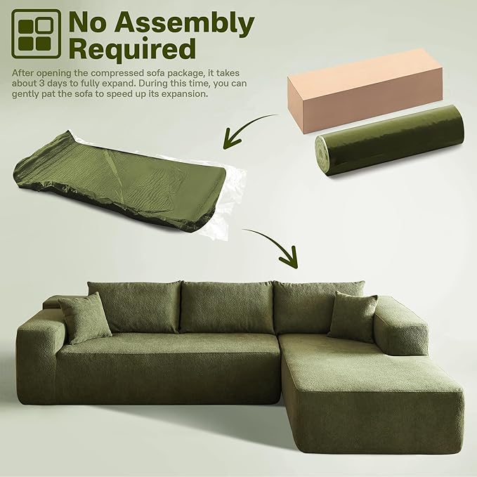 104" Cloud Sectional Couches for Living Room,L Shaped Boneless Couch in A Box,Sleeper Sofa with Comfy Chaise No Assembly Required,Green