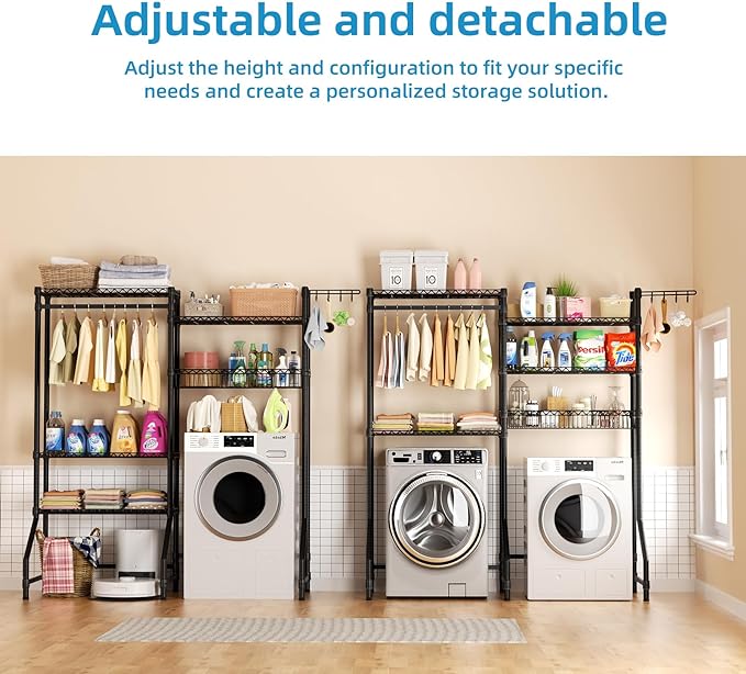 Over Washer and Dryer Shelves,Heavy Duty Laundry Room Storage Organization Clothes Drying Rack,5 Tier Adjustable Height Wire Shelving and Wire Basket with Hanger Rod&Hook,Space Saving Shelf