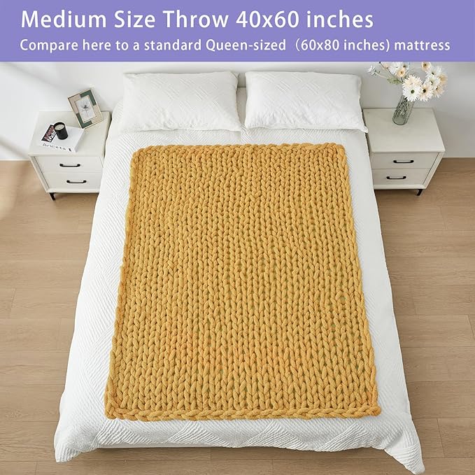 Bigacogo Chunky Knit Throw Blanket for Couch, 40x60 inches, 100% Hand Knitted with Thick Jumbo Chenille Yarn, Cozy Soft Large Rope Knot Cable Crochet Blankets for Sofa Bed Living Room, Mustard Yellow
