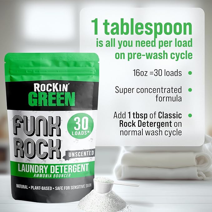 Rockin' Green Laundry Detergent, Plant based, All Natural Laundry Detergent Powder, Vegan and Biodegradable Odor Fighter, Safe for Sensitive Skin (Funk Rock Ammonia Bouncer 30 Loads - Unscented)