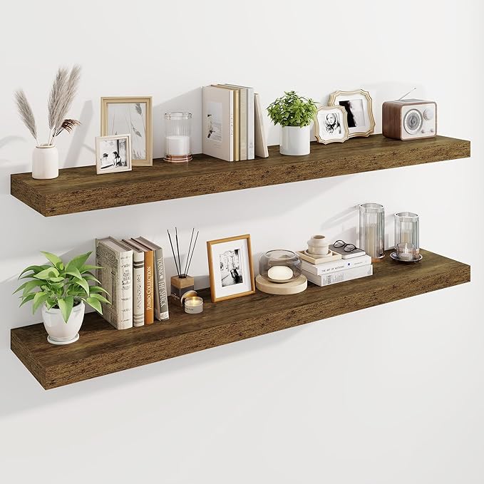 Marsmiles 55" Floating Shelves for Wall, Wooden Shelves with Invisible Brackets Set of 2, Rustic Farmhouse Wall Mounted Shelf for Kitchen Bathroom Living Room Study, Rustic Brown