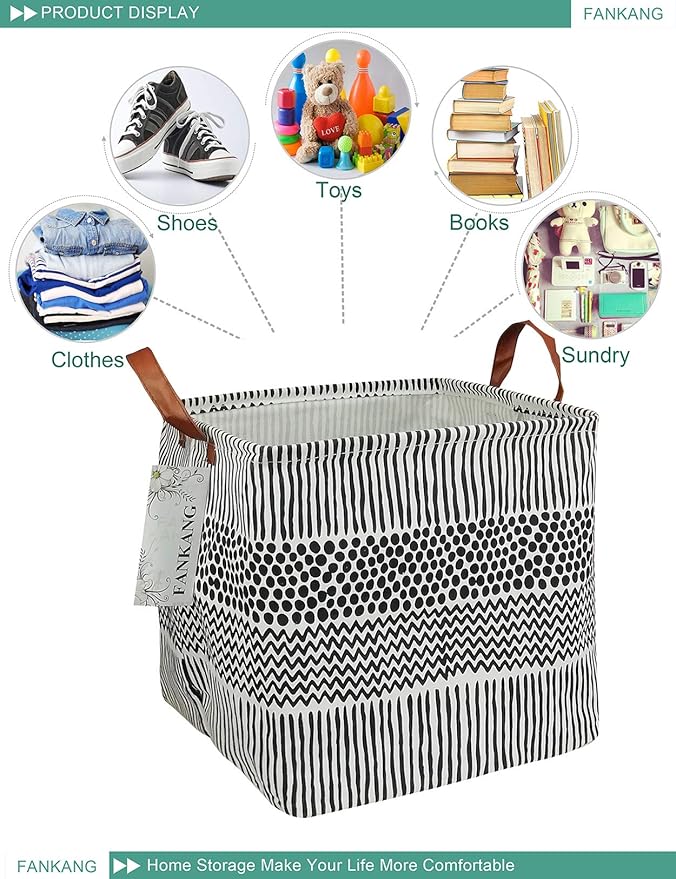 FANKANG Square Nursery Hamper Storage Bins Canvas Laundry Basket Foldable with Waterproof PE Coating Storage Baskets Gift Baskets for Children, Office, Bedroom, Clothes（Square-Black Lines ）