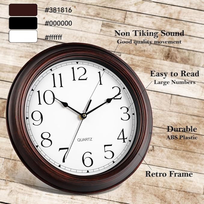Wall Clock 10 Inch Battery Operated Silent Non-Ticking Wall Clock Vintage Retro Rustic Style Decorative for Bedroom Living Room Kitchen Home Office (Bronze)