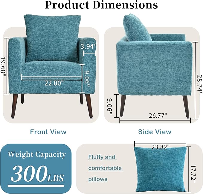 Barrel Accent Chair with Back Pillow, Large Upholstered Armchair with Solid Wood Legs Modern Reading Chairs for Living Room Bedroom