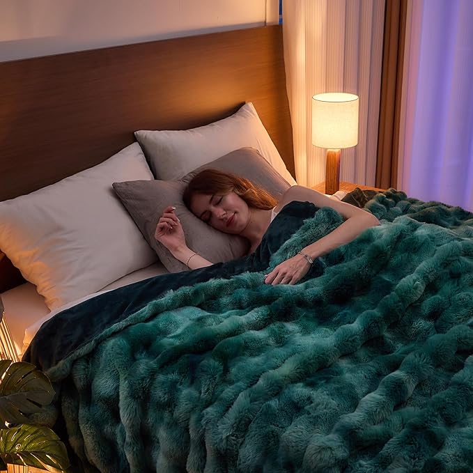 Lotus Karen Faux Fur Throw Blanket Tie-Dye Green - Big Bubble Rabbit Fluff Blanket for Couch, Large Fluffy Fuzzy Cozy Blanket,Thick Furry Plush Shaggy Blankets,108x90 Inches