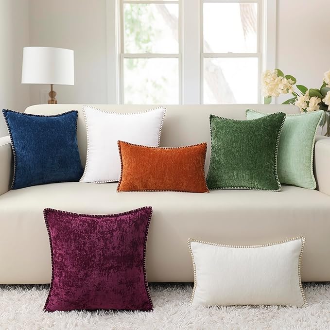 decorUhome Chenille Soft Throw Pillow Covers 20x20 Set of 2, Farmhouse Velvet Neutral Decorative Euro Pillow Covers with Stitched Edge for Couch Sofa Bed Home Decor, Rhododendron