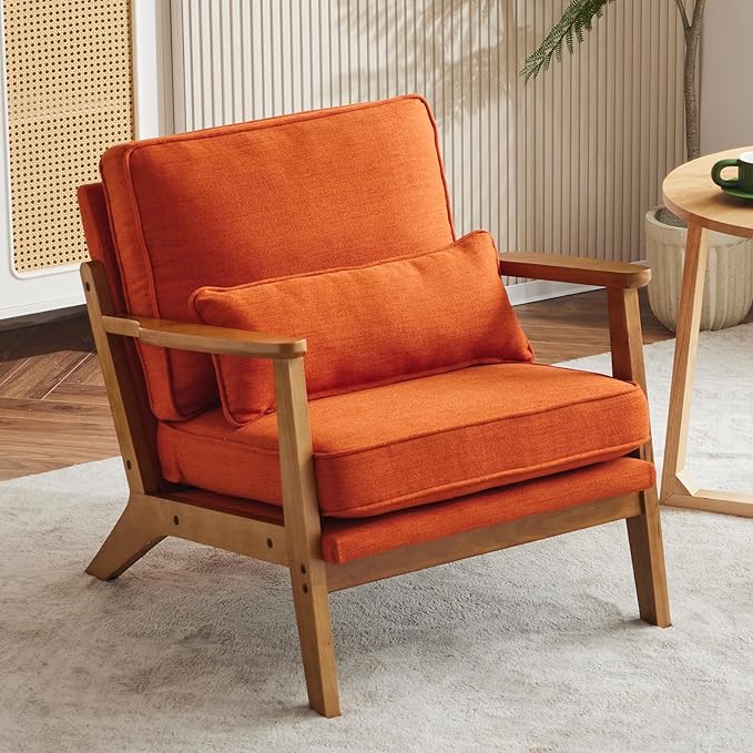 Karl home Accent Chair Wide Armrest Mid-Century Lounge Chair Linen Fabric Armchair with Lumbar Pillow & Solid Wood Frame for Living Room, Bedroom, Balcony, Burnt Orange