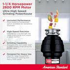 American Standard 10-US-AS-12 Garbage Disposal Anti-Jam Stainless Steel Food Waste Grinding System, Heavy Duty, 1.25 HP, Black