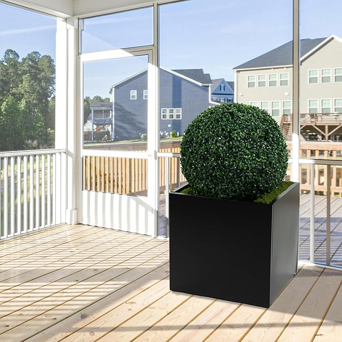 Kozyard 20'' Cube Metal Planter Steel Planter Box Black Steel Flower Pot with Saucer Partition Panel for Trees Plants Flowers Indoor Outdoor Garden Patio Deck Yard