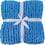 Bigacogo Chunky Knit Throw Blanket for Couch, 40x40 inches, 100% Hand Knitted with Thick Jumbo Chenille Yarn, Cozy Soft Large Rope Knot Cable Crochet Blankets for Sofa Bed Living Room, Bright Blue