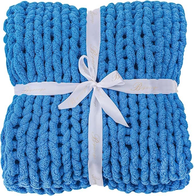 Bigacogo Chunky Knit Throw Blanket for Couch, 40x80 inches, 100% Hand Knitted with Thick Jumbo Chenille Yarn, Cozy Soft Large Rope Knot Cable Crochet Blankets for Sofa Bed Living Room, Bright Blue