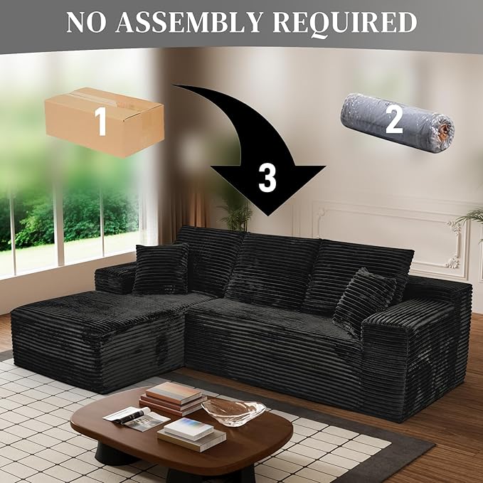 Modular Sectional Sofa Cloud Sectional Couch, 107" Comfy Fluffy L Shaped Black Couches for Living Room, Deep Seat Memory Foam Plush Corduroy Boneless Couch Sectionals with Left Facing Chaise Sofa