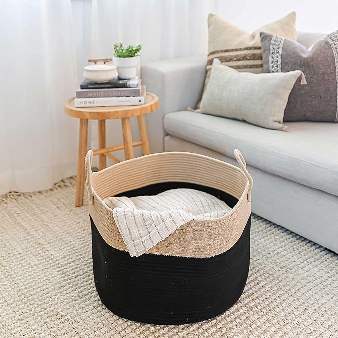 OrganiHaus Woven Laundry Basket, Large Cotton Rope Blanket Holder with Handles, Soft & Sturdy Nursery Hamper, Decorative Toy Bin for Living Room Organization 20x13 inches - Black/Honey