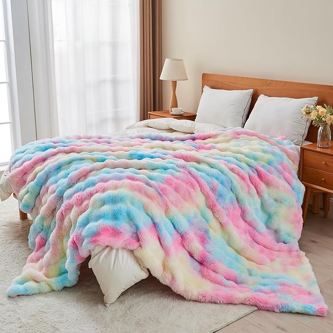 RYNGHIPY Faux Fur Throw Blanket Tie Dye Colorful Rainbow Blanket for Couch Plush Fluffy Faux Rabbit Fur Decoration Blanket for Sofa Chair Bed (Rainbow, 63''x79'')