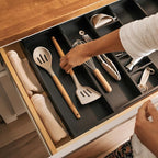 Adjustable Kitchen Drawer Organizer for Utensils and Junk, Food-Safe Contract Grade with 100% Sustainable Wood, Expandable from 16 to 28 Inches Wide - Black Bamboo