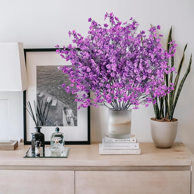 Sggvecsy 15 Pcs Babys Breath Artificial Flowers Gypsophila Bouquets Bulk Real Touch Fake Silk Flowers for Home Wedding DIY Floral Arrangement Kitchen Table Centerpiece Festival Decoration (Purple)
