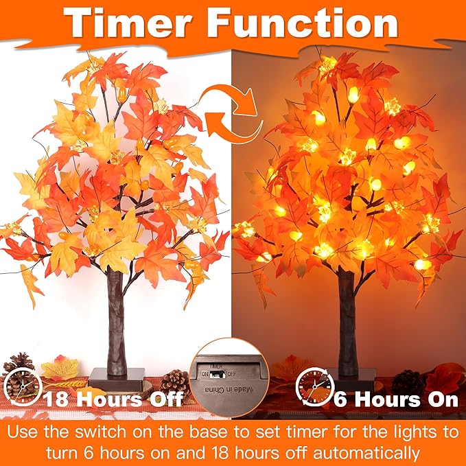 2 Pack 24 Inch Prelit Fall Maple Tree Fall Decor with 48 LEDs Timer Battery Operated Artificial Fall Light Up Tree Maple Acorn for Fall Thanksgiving Decorations Table Home Office Indoor Autumn Harvest