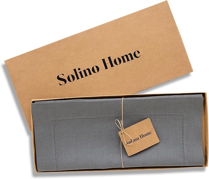 Solino Home Linen Steel Gray Table Runner 108 Inches Long - 100% Pure Linen Hemstitch 14 x 108 Inch Table Runner for Dining, Fall, Autumn - Classic Hemstitch