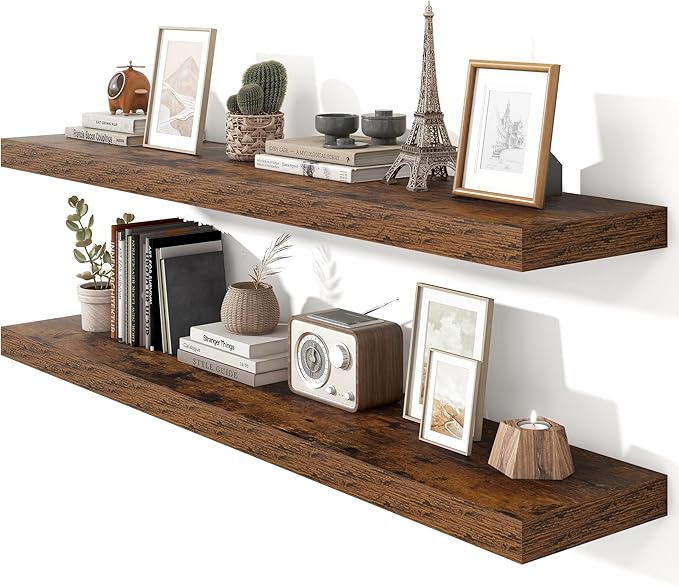 Heimlove 55 Inch Floating Shelves for Wall,10 Deep Large Rustic Brown Wall Shelf with Heavy Duty Brackets,Mounted Storage & Display Shelves for Bedroom,Living Room,Kitchen,Office,Set of 2