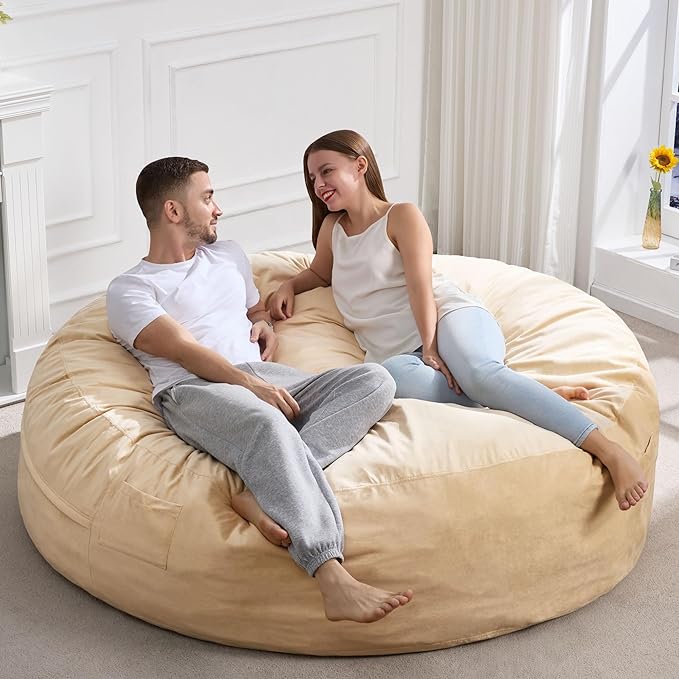 Hobestluk 6FT Bean Bag Chair Bean Bag Chairs for Adults Giant Bean Chairs with Velvet Cover, Memory Foam BeanBag Chair Fluffy BeanBag Chairs for Living Room, Bedroom- Khaki (70" x 70" x 15")