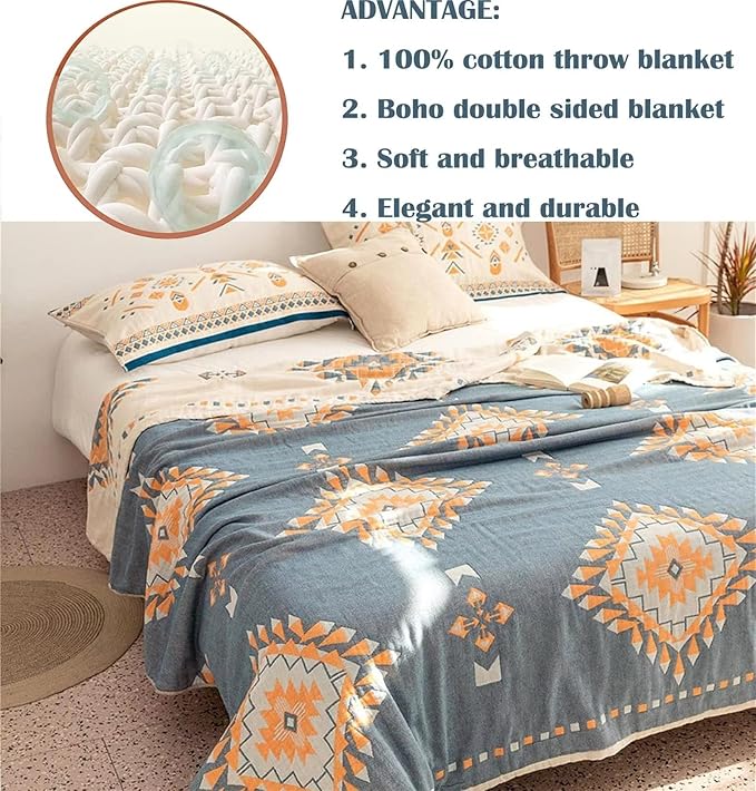 100% Cotton Throw Blankets for Couch Bed Chair Sofa,Cotton Quilt Throw Woven Boho Bed Blankets,Versatile Knit Woven Super Soft Decorative Blanket for Women,80''Wx 90''L