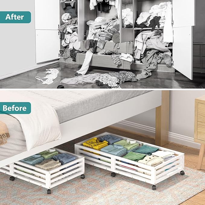 Bamboo Under Bed Storage Containers- Underbed Organizer with Wheels with Large Dust Bag,Sturdy Wood Rolling Under the Bed Shoe Storage Organizer Drawer 2 Packs (White, Long)