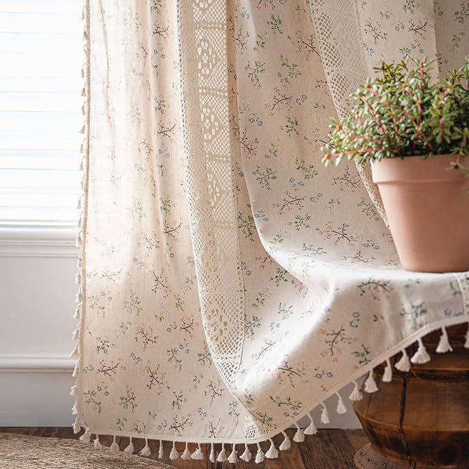 Sutuo Home Boho Curtain Semi-Blackout Crochet Hollow Lace Patchwork with Floral Print Cotton Linen Fabric, Handmade Tassels Rod Pocket Bohemian Window Drapes for Living Bedroom, 59"W x 63"L, 1 Panel