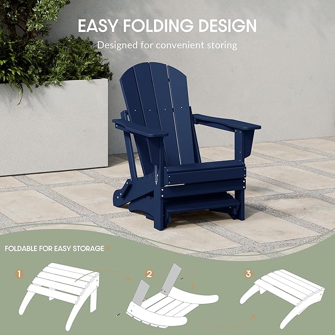 WestinTrends Outdoor Ottoman, Patio Adirondack Ottoman Foot Rest, All Weather Poly Lumber Folding Foot Stool for Adirondack Chair, Widely Used for Outside Porch Pool Lawn Backyard, Navy Blue