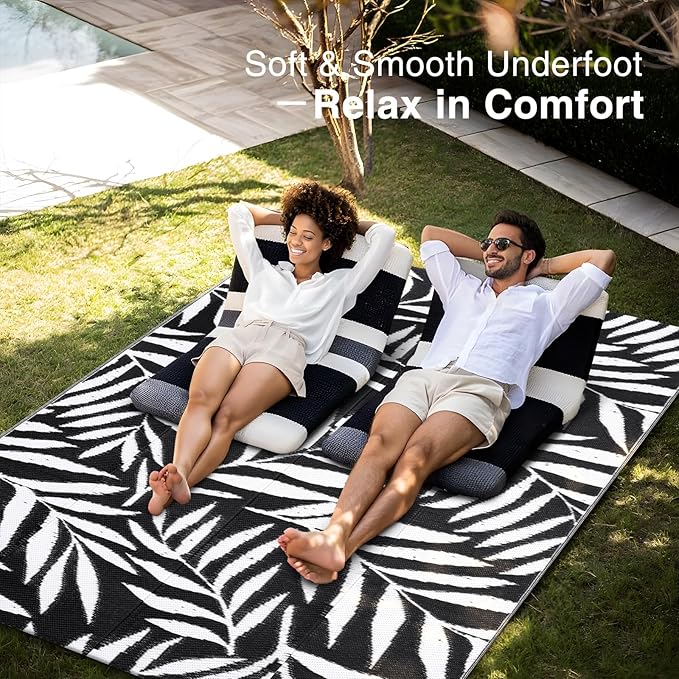 OLANLY Waterproof Outdoor Rug 5x8 ft, Reversible Outdoor Plastic Straw Rug with Leaf Pattern, RV Mat, Indoor Outdoor Carpet for Patio, Camping, Balcony, Deck, Backyard, Black & White