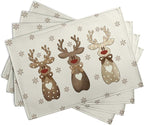 Christmas Reindeer Snowflakes Placemats Set of 4 Xmas Cute Elk Deer Place Mats 12x18 Seasonal Winter Holiday Farmhouse Linen Table Mats for Party Kitchen Dining Outdoor Indoor Decor