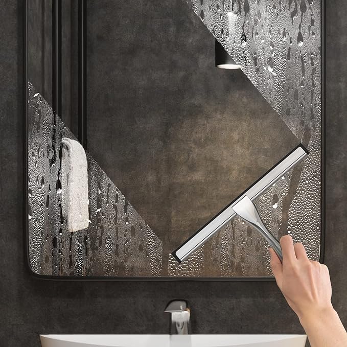 All-Purpose Stainless Steel Shower Squeegee for Shower Doors with 2 Adhesive Hooks, Bathroom Cleaner Tool Household Window Mirror Squeegee for Home Cleaning, Glass Door, Tile Wall, Car, 12 Inch Silver