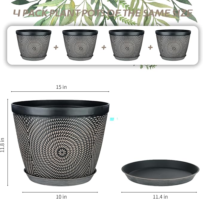 Quarut 15 Inch 4 Pack Large Plant Pots, Plastic Flower Pot for Indoor & Outdoor with Drainage Holes & Saucer, Circle Pattern Planters Garden Pots for Herbs
