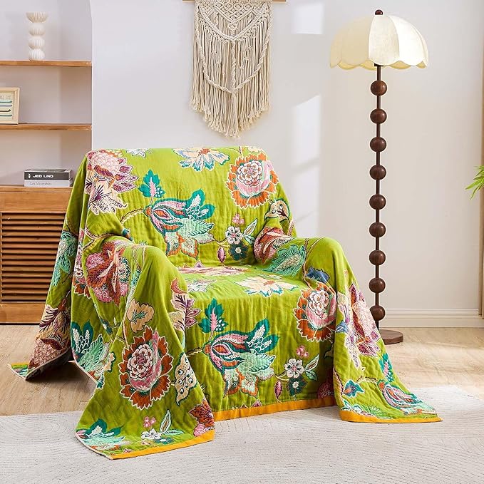Fall Throw Blanket, 100% Cotton Soft Rustic Boho Throw Blanket for Bed, 90"x98" Farmhouse Decor Bed Flower Blankets, Light Weight Reversible Bohemian Throw Quilt