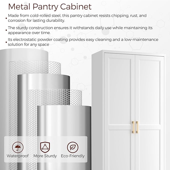 71" Tall Metal Pantry Cabinet, White Kitchen Pantry Storage Cabinet with 4 Adjustable Shelves and Gold Handles, Cupboard for Kitchen, Dining Room, Living Room, Bathroom