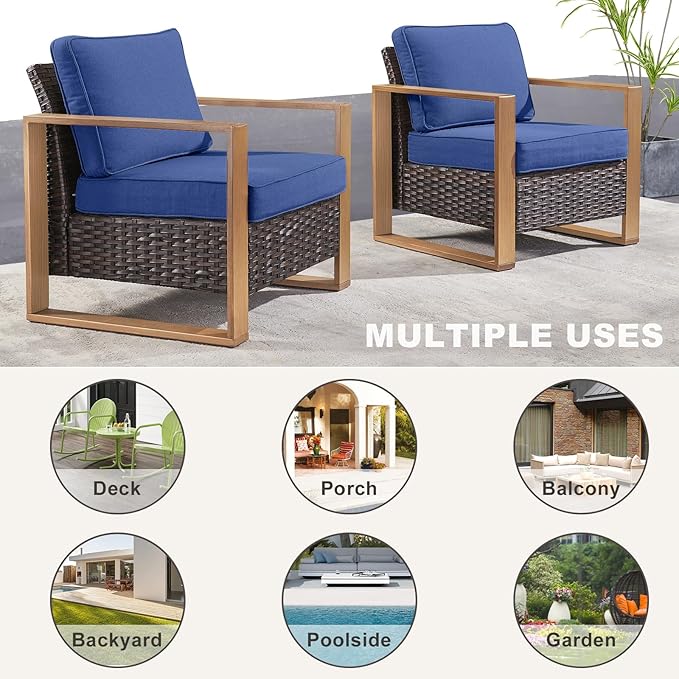 Outdoor Wicker Patio Furniture Set - 4 Piece Patio Conversation Set with 2 Wicker Armrest Chairs,2 Rattan Ottoman, Sturdy Frame, Thick Cushions, Deep Seating(Brown/Blue)