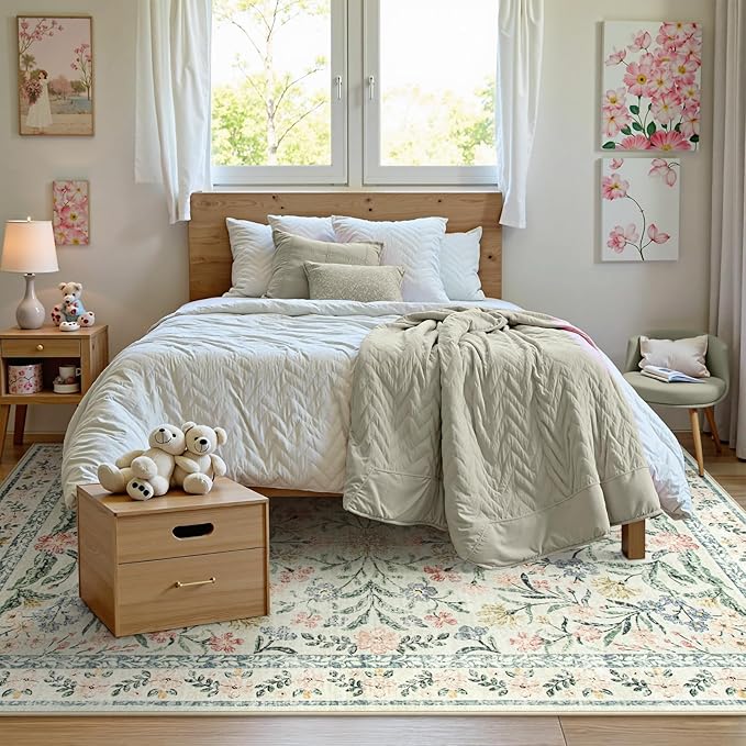 Wonnitar Washable 6x9 Area Rugs, Soft Floral Rug for Bedroom Kids Playroom Light Colored Carpet, Non Slip Ultra-Thin Indoor Beige Carpet for Living Room Classroom Office