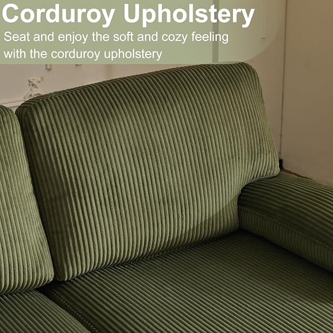 Karl home U-Shape Sectional Sofa Couch 111" Modern 4-Seat Sofa with Chaises Corduroy Fabric Upholstered Covertible Couch with Wood Grain Legs for Living Room, Reception Room, Apartment, Green