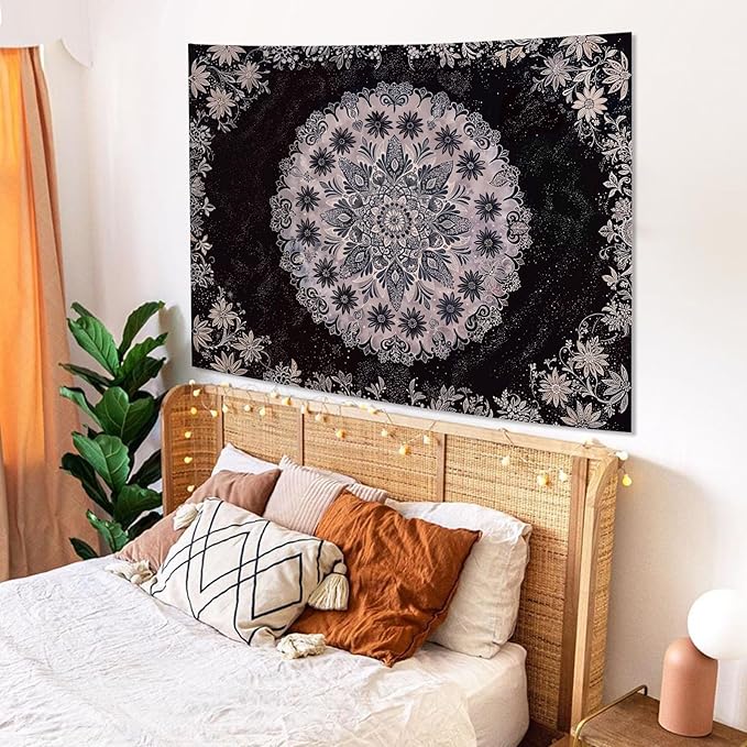 Fowocu Boho Floral Mandala Tapestry Wall Hanging Grey Bohemian Flower Medallion Tapestry Aesthetic Gray Black Hippie Indian Small Tapestries for Bedroom Living Room Dorm Decor 48 x 36 Inch