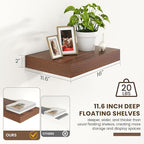 Deep Floating Shelves for Wall | 16 Inch Wide x 12 Inch Deep Floating Shelves Set of 2 | Rustic Walnut Wide Wall Shelves | Bookshelf Laundry Shelf TV Shelf