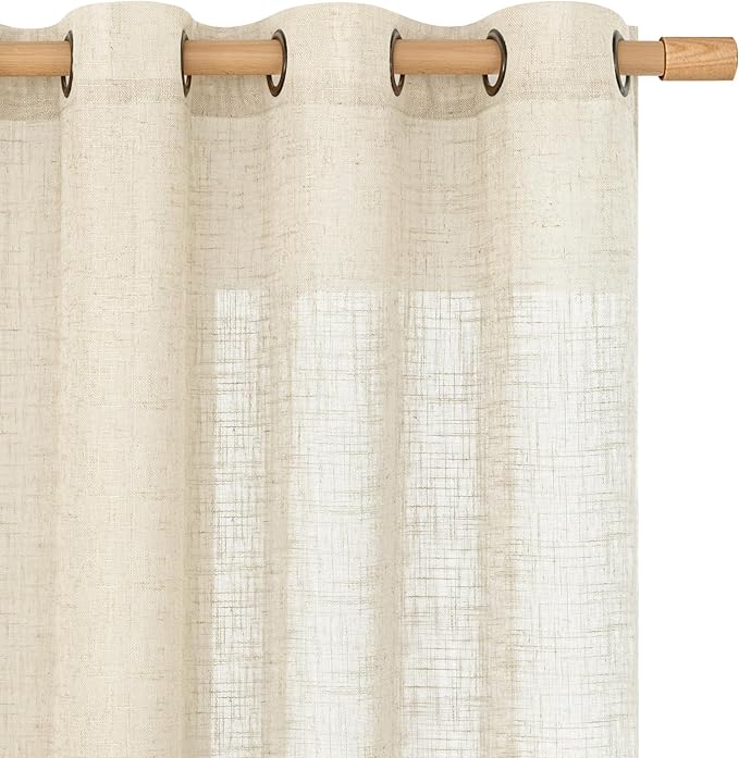 LAMIT Beige Linen Curtains 84 Inch Length 2 Panels for Living Room, Light Filtering Boho Window Treatments Semi Sheer Neutral Thick Drapes with Bronze Grommet for Bedroom/Farmhouse, 52 X 84 Inch