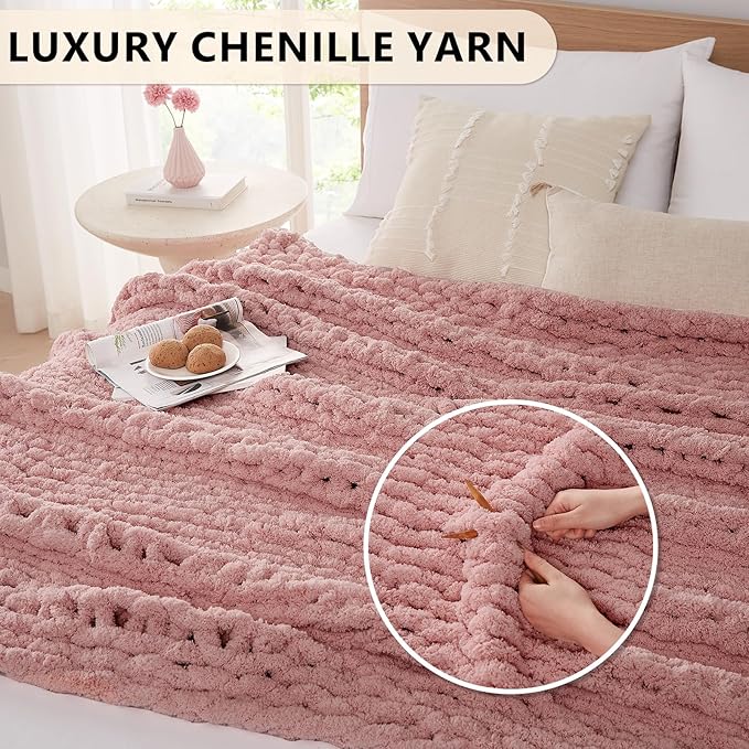 L'AGRATY Chunky Knit Blanket Throw: 80''x90'' Chenille Chunky Knitted Throw Blanket for Bed Couch - Handmade Thick Big Cable Knit Blanket - Large Chunky Crochet Blanket for Home Decor(Rose Pink)