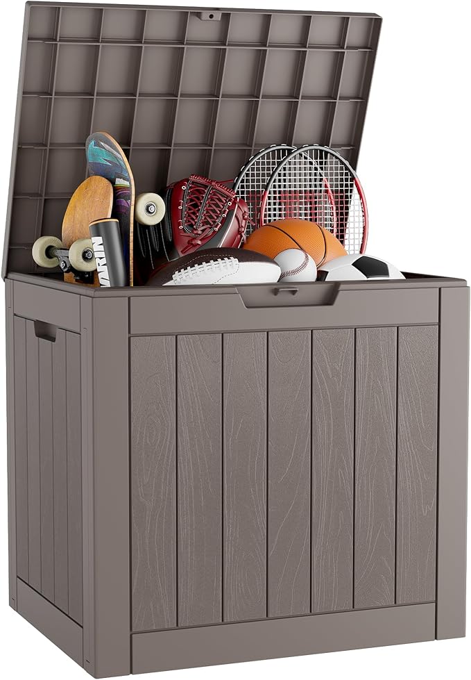 KAMABOKO Deck Box, 32 Gallon Resin Indoor and Outdoor Storage Boxes Waterproof for Garden Tools, Pool Accessories Storage Bench, Patio Furniture and Cushions with Lockable Lid, Grey