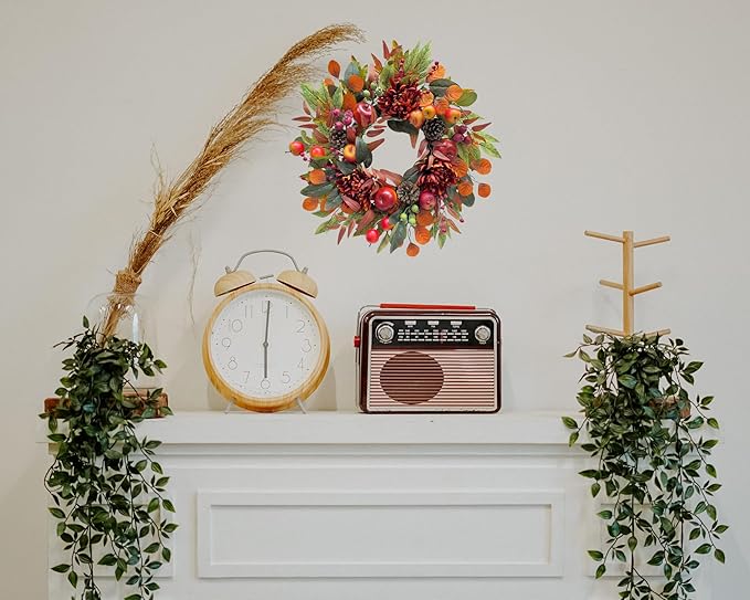 22 Inch Fall Chrysanthemum Wreath Harvest Floral Wreath with Apples Pinecones Berries and Eucalyptus Maple Leaves for Fall Thanksgiving Halloween Mantel Table Outdoor Front Door Wall Window