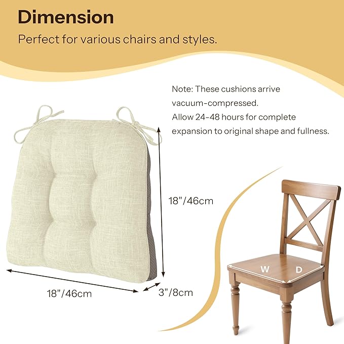 Non Slip Chair Cushions for Dining Chairs Set of 4 Kitchen Chair Cushions 18"x18"x3" Turfted Chair Pads Comfortable and Soft Seat Cushion with Ties, Beige