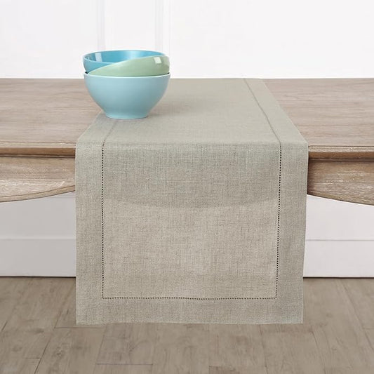 Solino Home Linen Natural Table Runner 156 Inches Long - 100% Pure Linen Extra Long Table Runner 14 x 156 Inch for Fall, Autumn, Thanksgiving - Classic Hemstitch