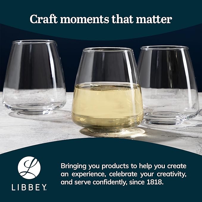 Libbey Stackable Stemless Wine Glasses Set of 6, Tapered Bulb Shaped All Purpose Wine Glass Set, Dishwasher Safe Glass Wine Glasses, Cocktail