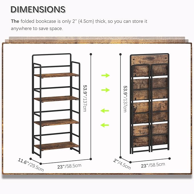 4NM No Assembly Foldable Bookshelf, 4-Shelf Collapsible Bookcase Storage for Small Spaces, 54" H, Rustic Brown and Black