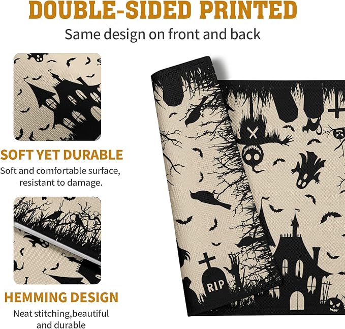 Halloween Placemats 12x18 Inch Set of 4 Black White Witch Castle Ghost Place Mats Spooky Haunted House Bats Tree Crow Table Mat for Party Kitchen Dining Outdoor Indoor Decor